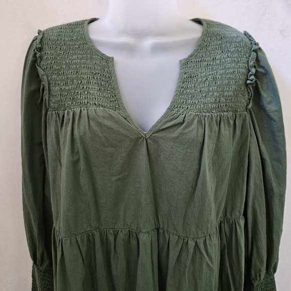 Pomander Place Dress sz M Ceci Smocked Long Sleeve Green Tiered Cotton Mini Boho - Picture 9 of 16